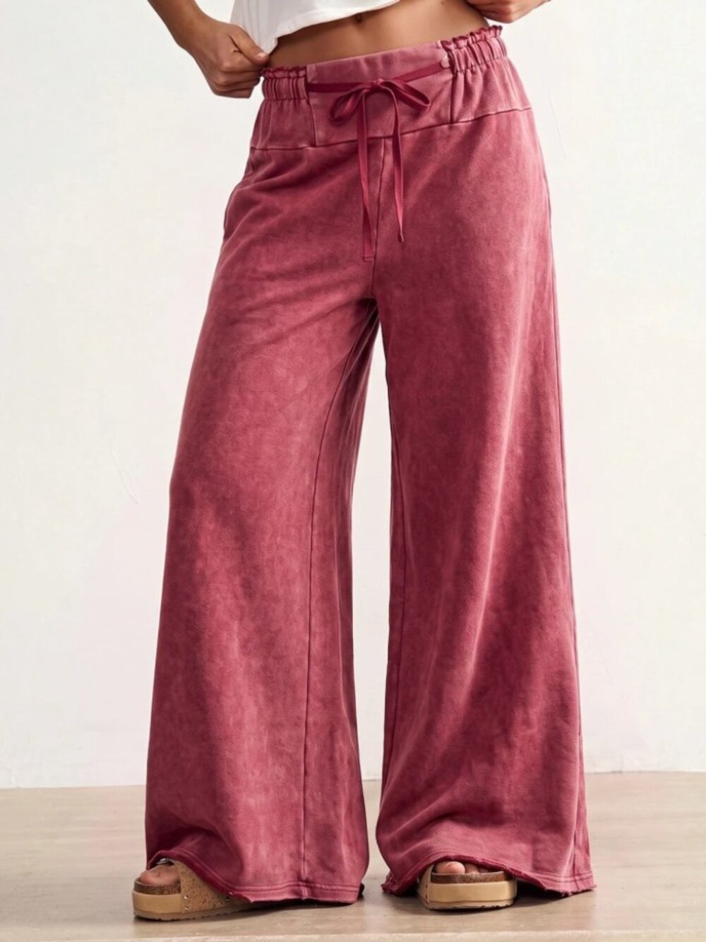 Washed Red Drawstring Wide Leg Raw Hem Sweatpants